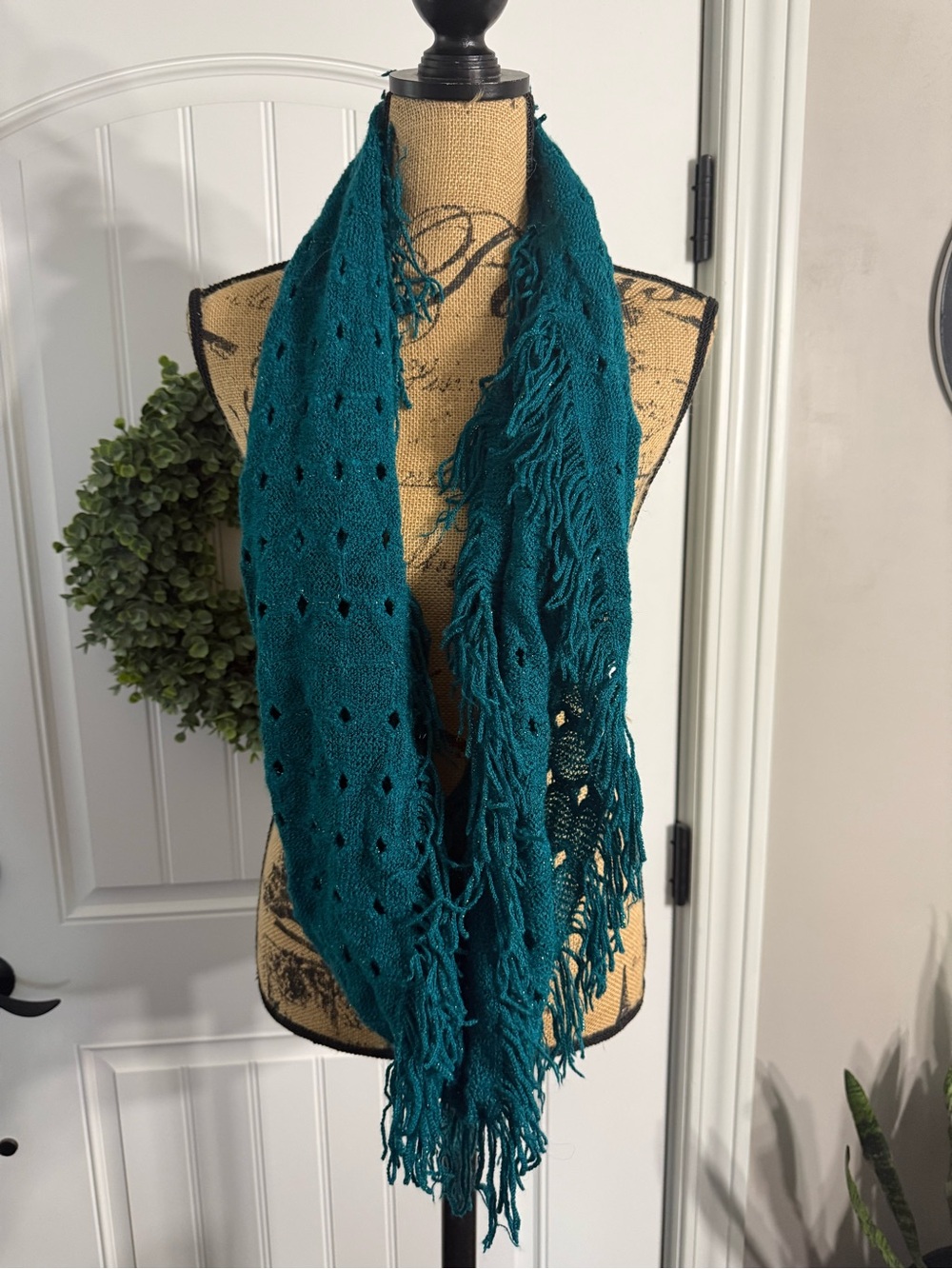 Teal Fringe Knit Infinity Scarf - Women Accessories